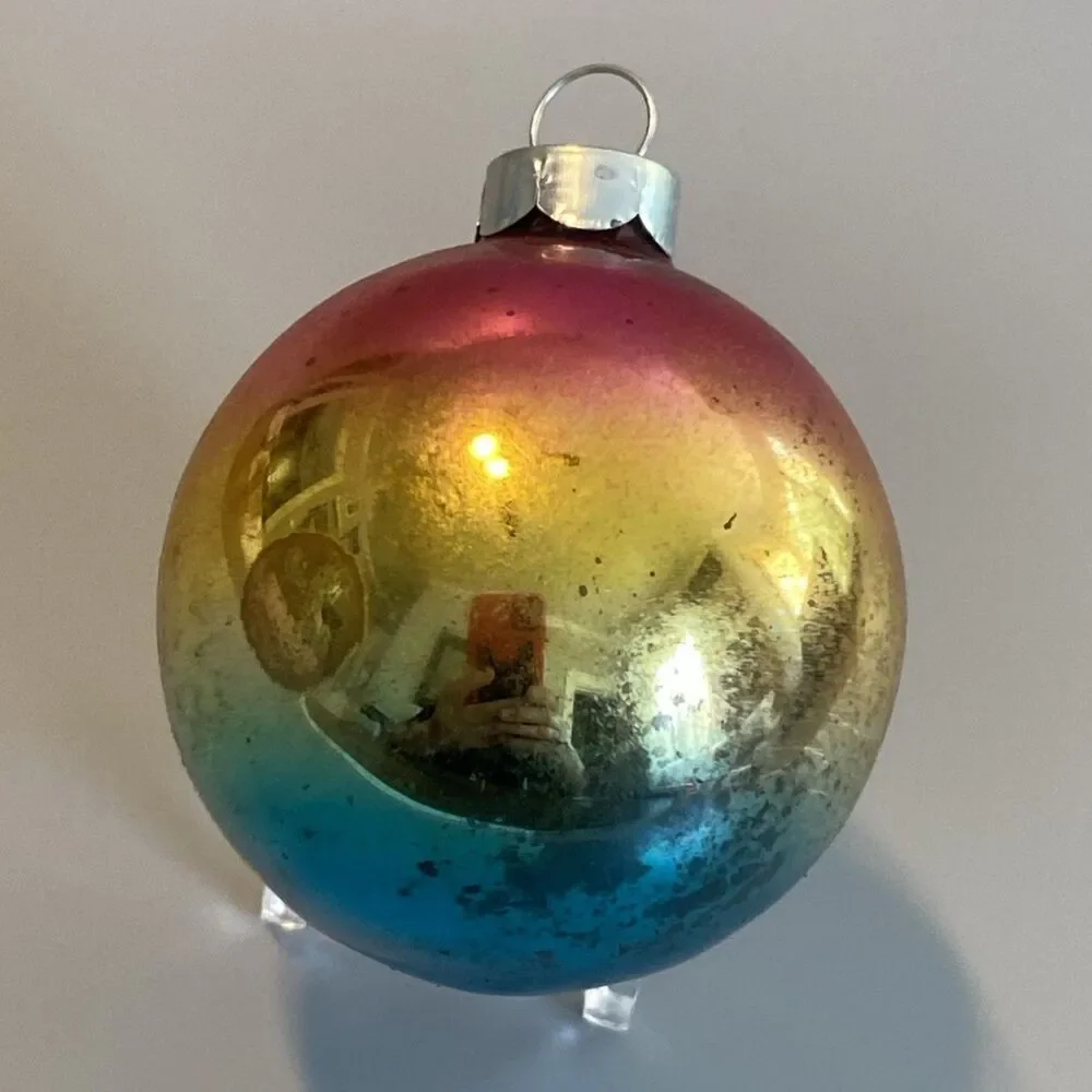 Vintage Christmas Ombre Glass Ornament Made In USA 6.25” Round Ball Holiday